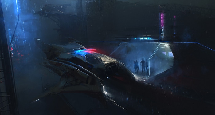 Cyberpunk police vehicle in a rainy futuristic city