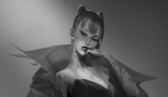 Monochrome drawing of a tattooed woman by Yuyu Wong