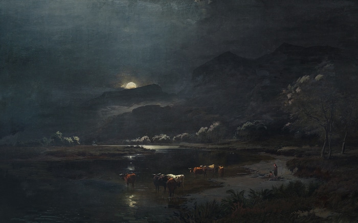 Cows in a moonlit landscape with mountains