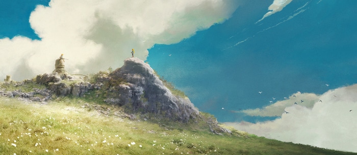 Link stands on a rocky peak in Hyrule