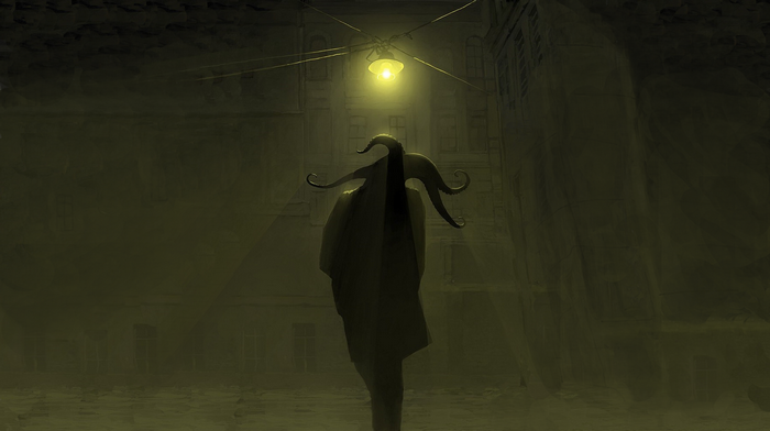 Horror creature in mist under a street lamp