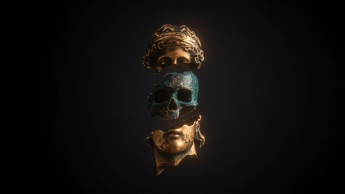 Apashe's broken statue of a skull and face