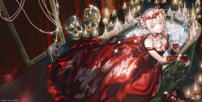 Anime girl in red dress in a bathtub with skulls and candles