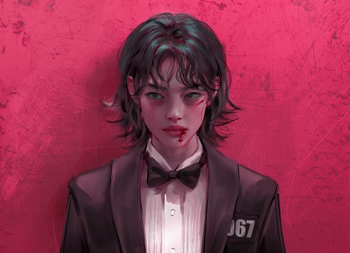 4K drawing of a bloody woman with number 067
