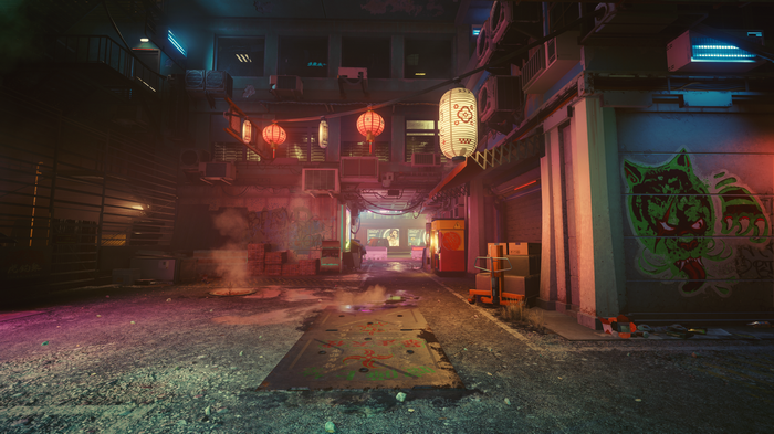 Cyberpunk 2077 alley with graffiti and lanterns