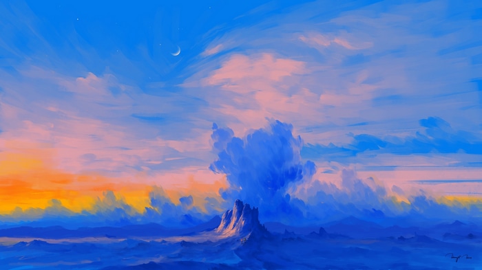 Digital painting of mountains and clouds by BisBiswas