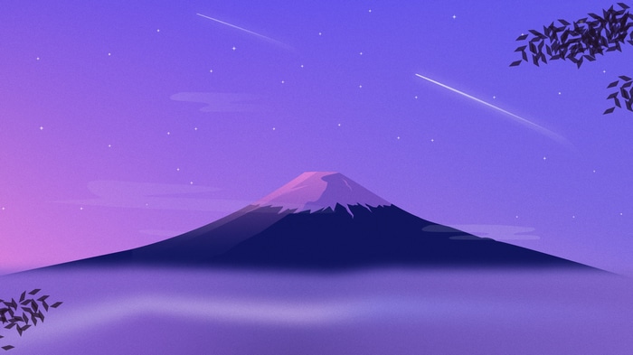 Mount Fuji under a starry purple sky with shooting stars
