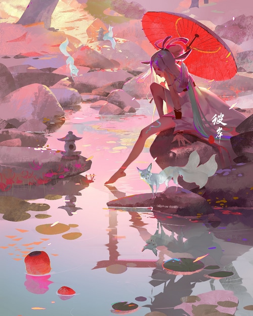 Woman with umbrella and fox spirits by a pond
