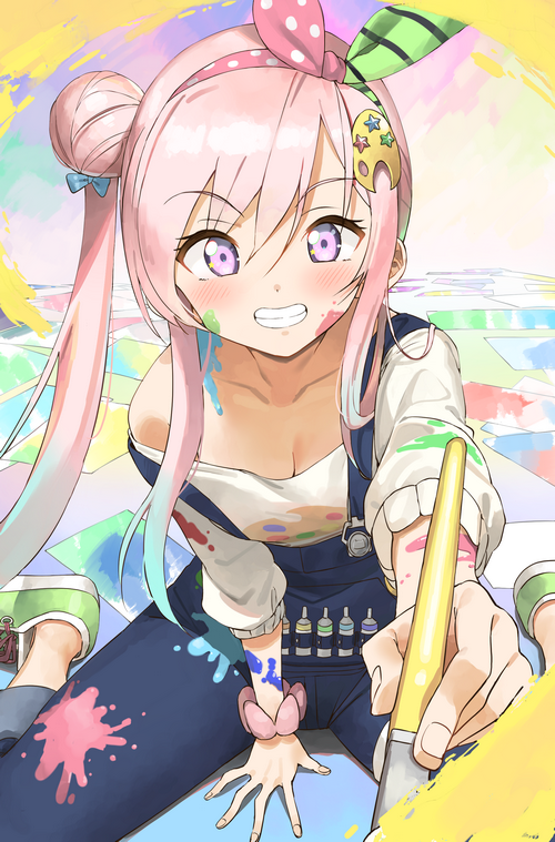 Airani Iofifteen with pink hair and overalls painting