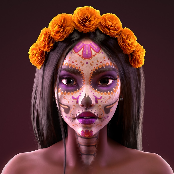 Woman with Dia de los Muertos face paint and flower crown