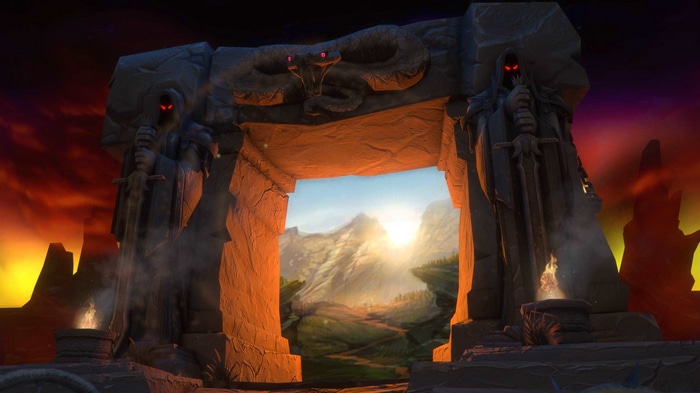 4K Warcraft Dark Portal with statues and mountain landscape