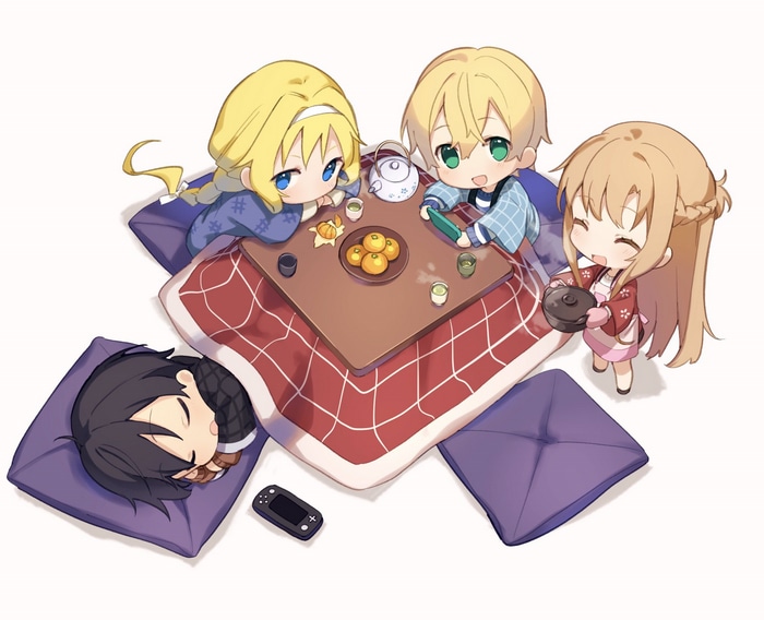 Chibi Sword Art Online characters around a kotatsu