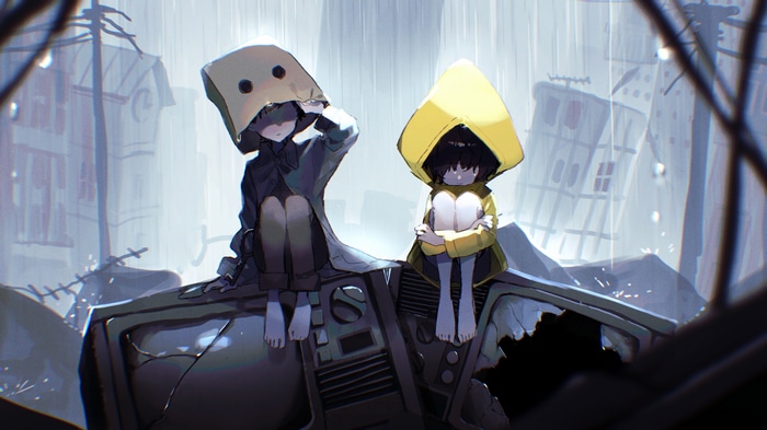 Six and Mono from Little Nightmares 2 in the rain