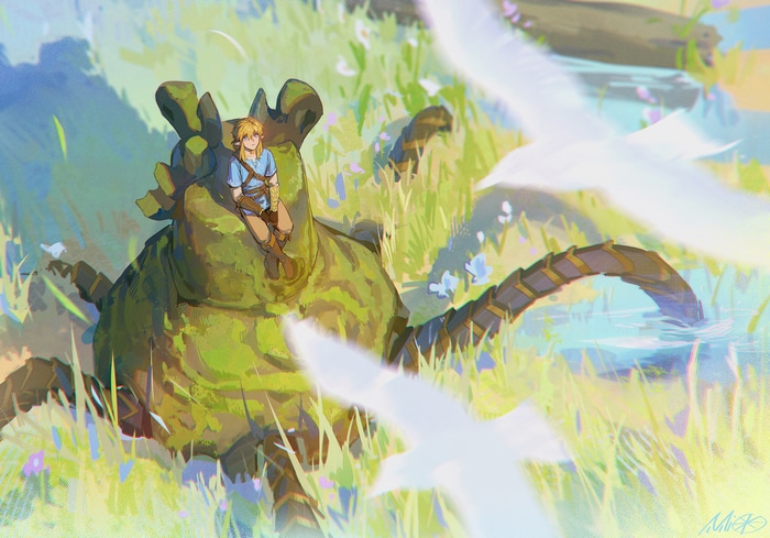 Link sitting on a mossy Guardian in The Legend of Zelda: Breath of the Wild