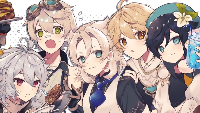 Genshin Impact characters Bennett, Venti, Albedo, Aether, and Razor