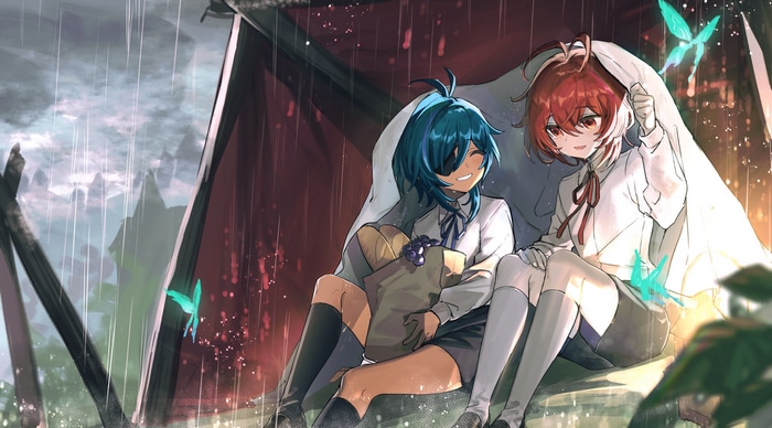 Genshin Impact: Kaeya and Diluc sheltering from rain