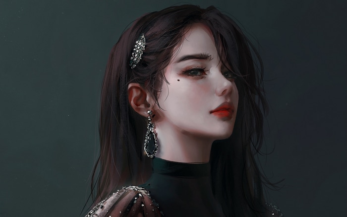 Artwork of a woman with dark hair and red lipstick