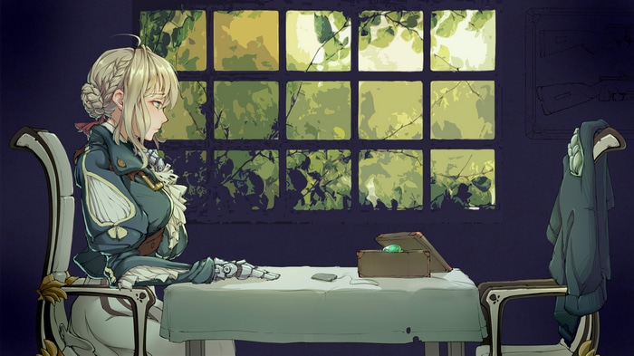 Violet Evergarden sitting by a window with a robotic arm