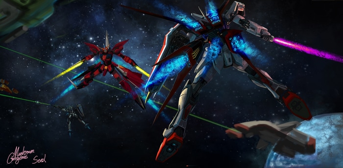 Gundam Seed Mobile Suits in Space Battle