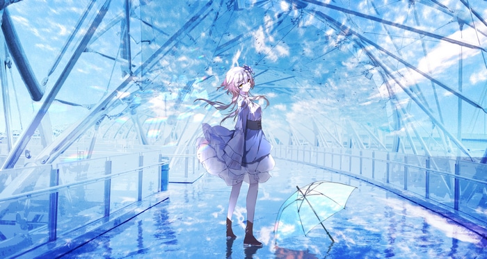 Anime girl standing on a bridge with an umbrella