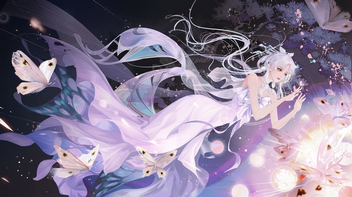 Artwork of a woman with butterflies and flowing fabric