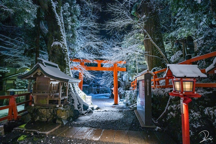 Snowy Torii Gate at Night in Japan