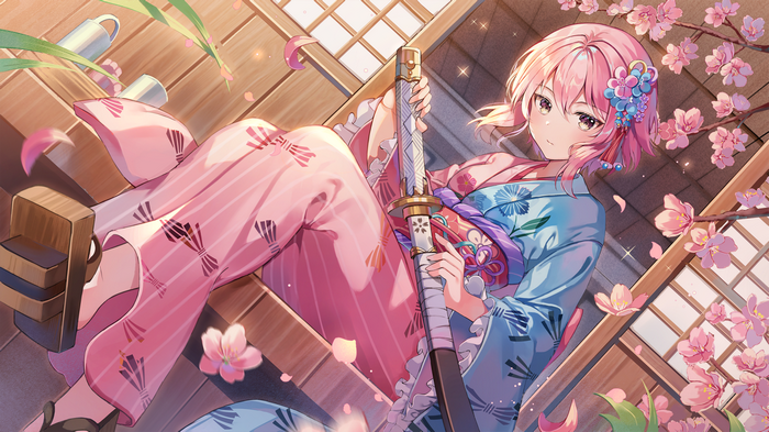 Girl with pink hair and katana in kimono with cherry blossoms