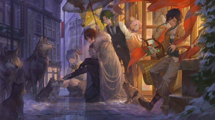Genshin Impact characters with wolves and cats in winter