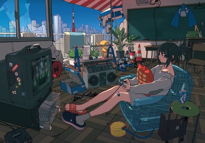 Girl playing video games on a balcony in Tokyo