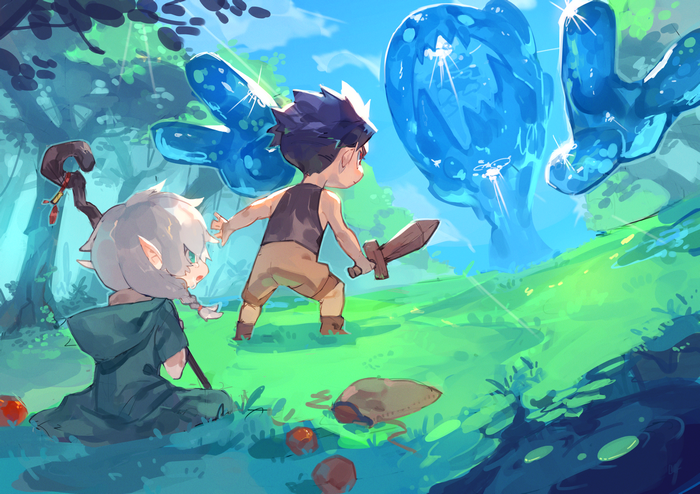 Anime characters fighting blue slimes in a forest