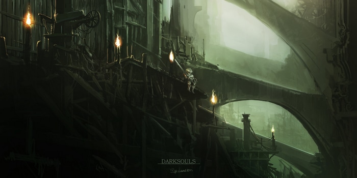 Dark Souls artwork of a knight on a wooden structure
