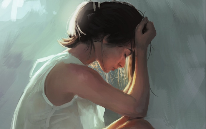 Painting of a woman with her head down