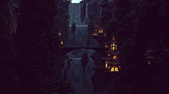 Pixel art waterfall with Asian-inspired architecture