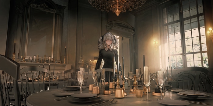 Anime girl in a formal dining room