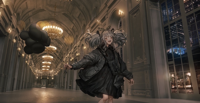Girl with black balloons in a grand hall