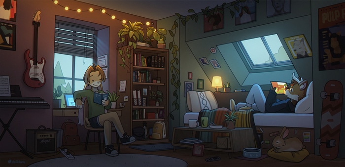 Anthro deer and rabbit in a cozy room with musical instruments