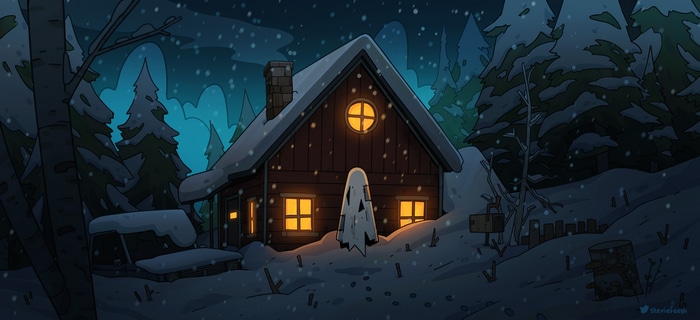 Ghost outside a snowy cottage in a forest at night