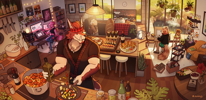 Anthro characters cooking and painting in a sunlit room