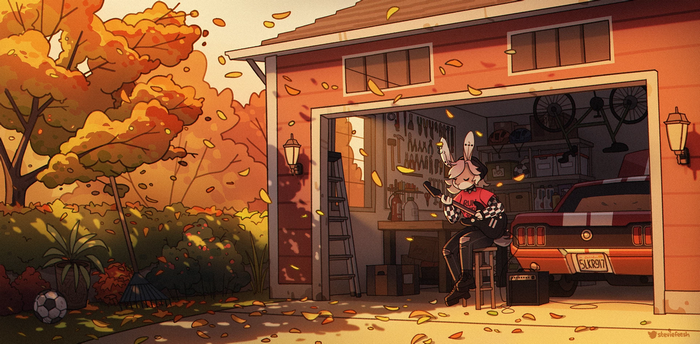 Anthro rabbit playing guitar in a garage with a Ford Mustang