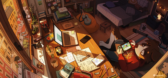 Anthro dog plays Nintendo Switch in a cozy bedroom
