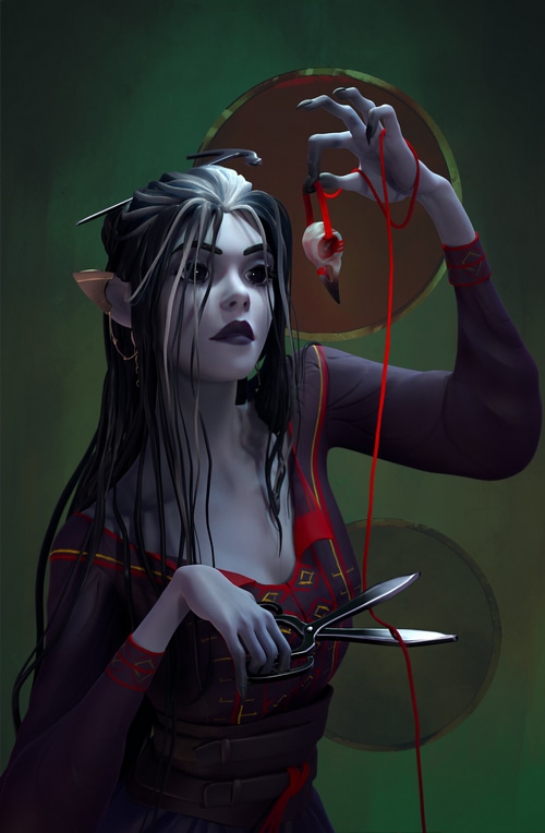 Laudna from Critical Role holding a skull charm