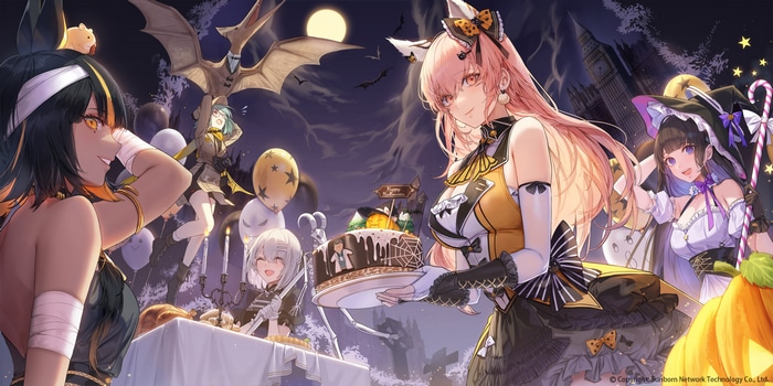 Anime girls celebrating Halloween with a cake and pumpkins