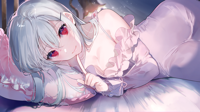 Anime girl with white hair lying in bed