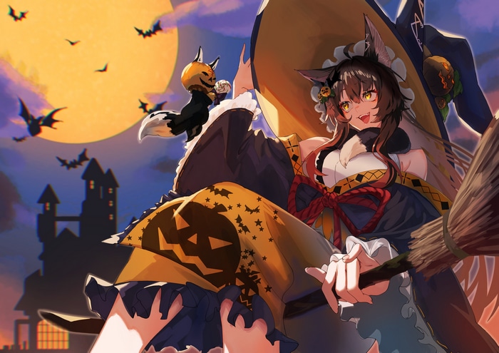 Anime witch with fox companion on Halloween night