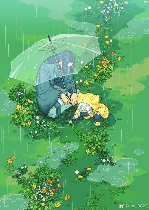 Two figures under an umbrella in the rain