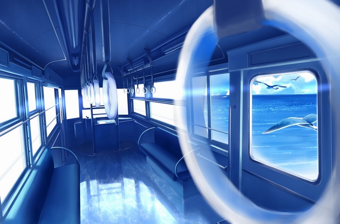 Interior of a blue train with ocean view and birds