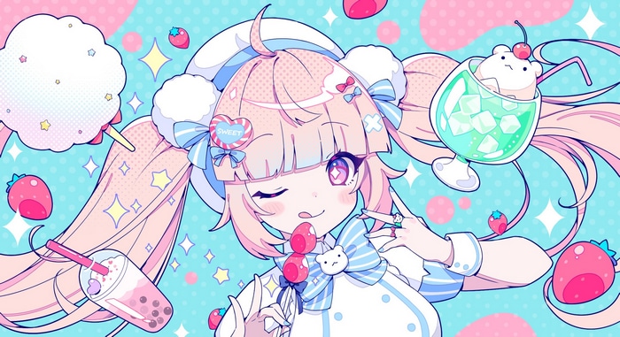Anime girl with pink hair and sweets