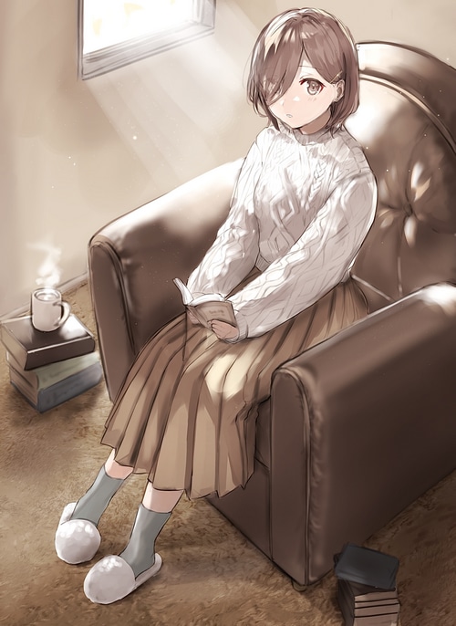 Anime girl reading a book in a chair