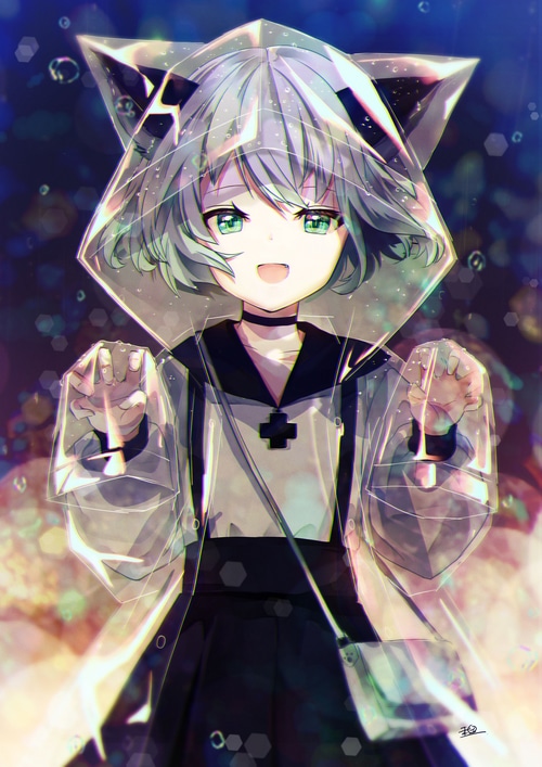 Girl with cat ears in a clear raincoat