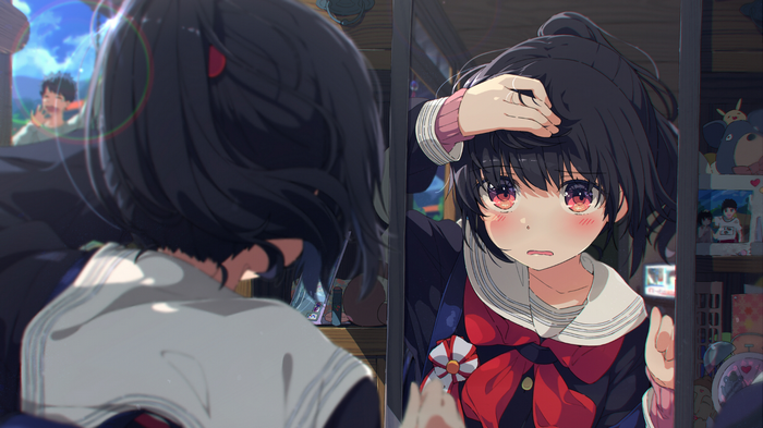 Girl in school uniform looking in a mirror